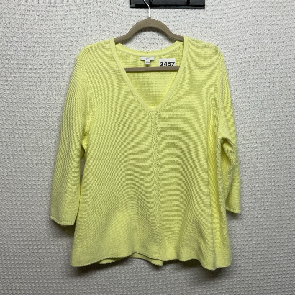 J. Jill Quiet Luxury Coastal Knit Cotton Neutral Yellow Sweater Size XL V-Neck‎